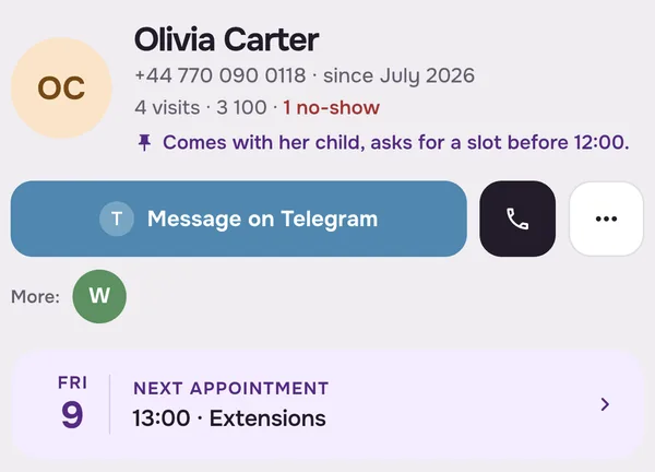 A client card in the Mester app: the name, the “Message on Telegram” button, other messengers and the next appointment
