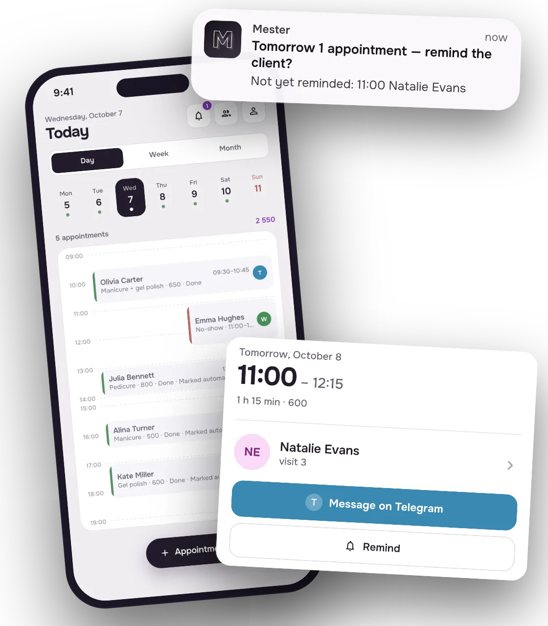 Mester app screens: the day schedule, a client appointment with “Message on Telegram” and “Remind” buttons, and a notification about tomorrow’s appointment